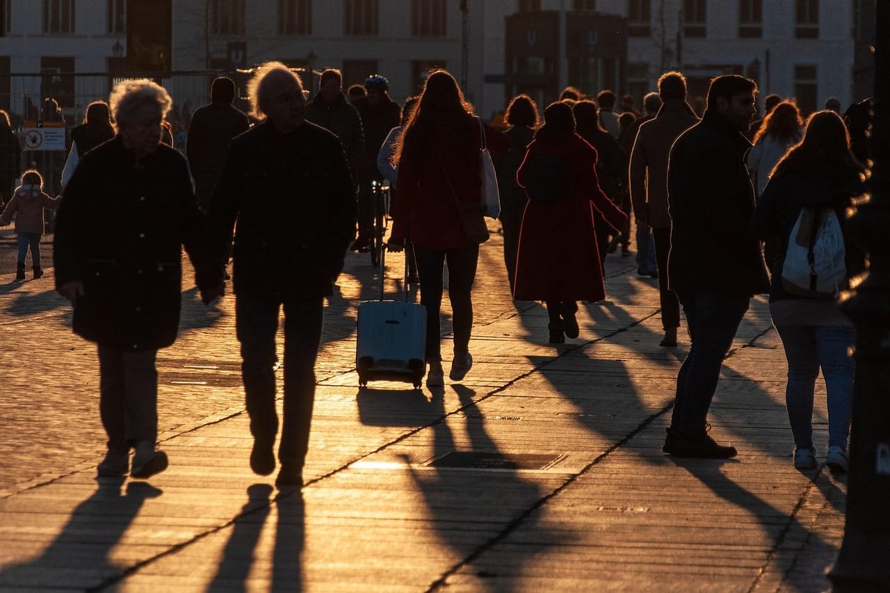 people, road, pedestrians, evening sun, mood, backlighting, people, people, people, people, people, pedestrians