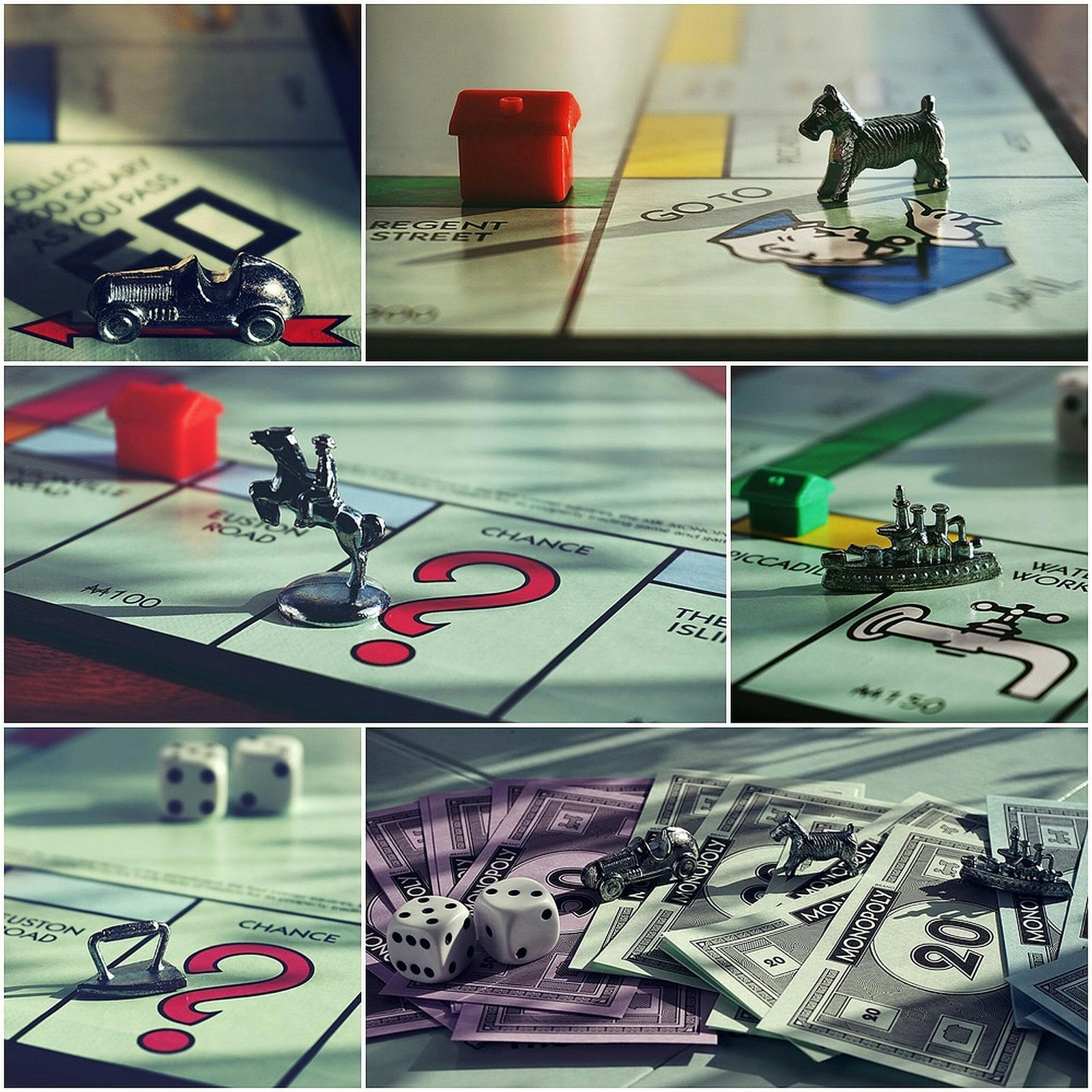 Detailed close-up shots of Monopoly board, tokens, and money for game enthusiasts.