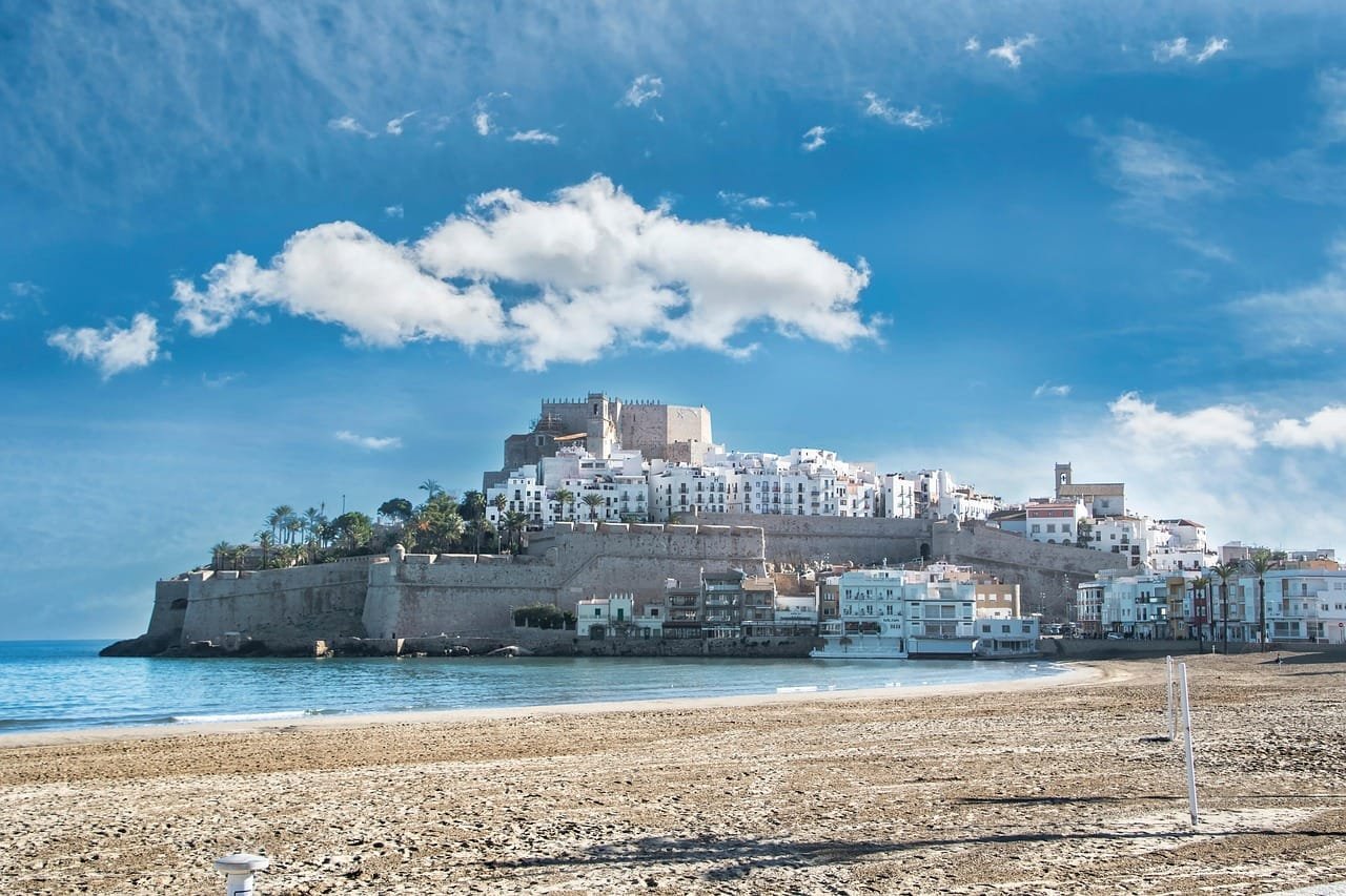 castle, beach, sea, coast, people, nature, clouds, peniscola, spain, holiday, landscape