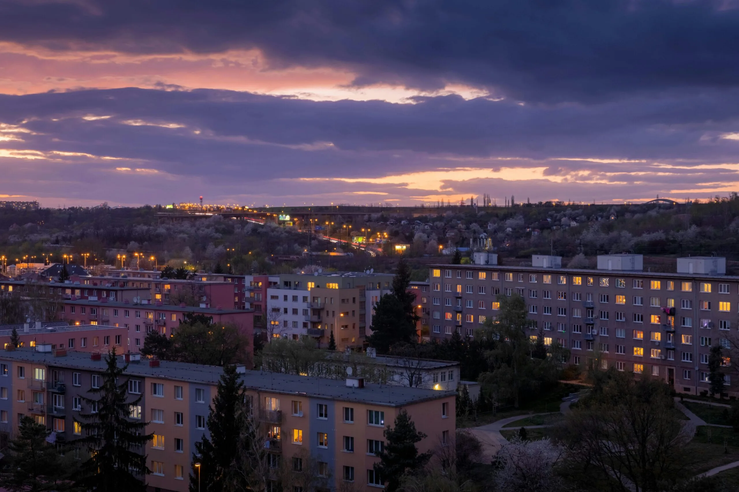 Sunset over residential area of Hloubetin, Prague