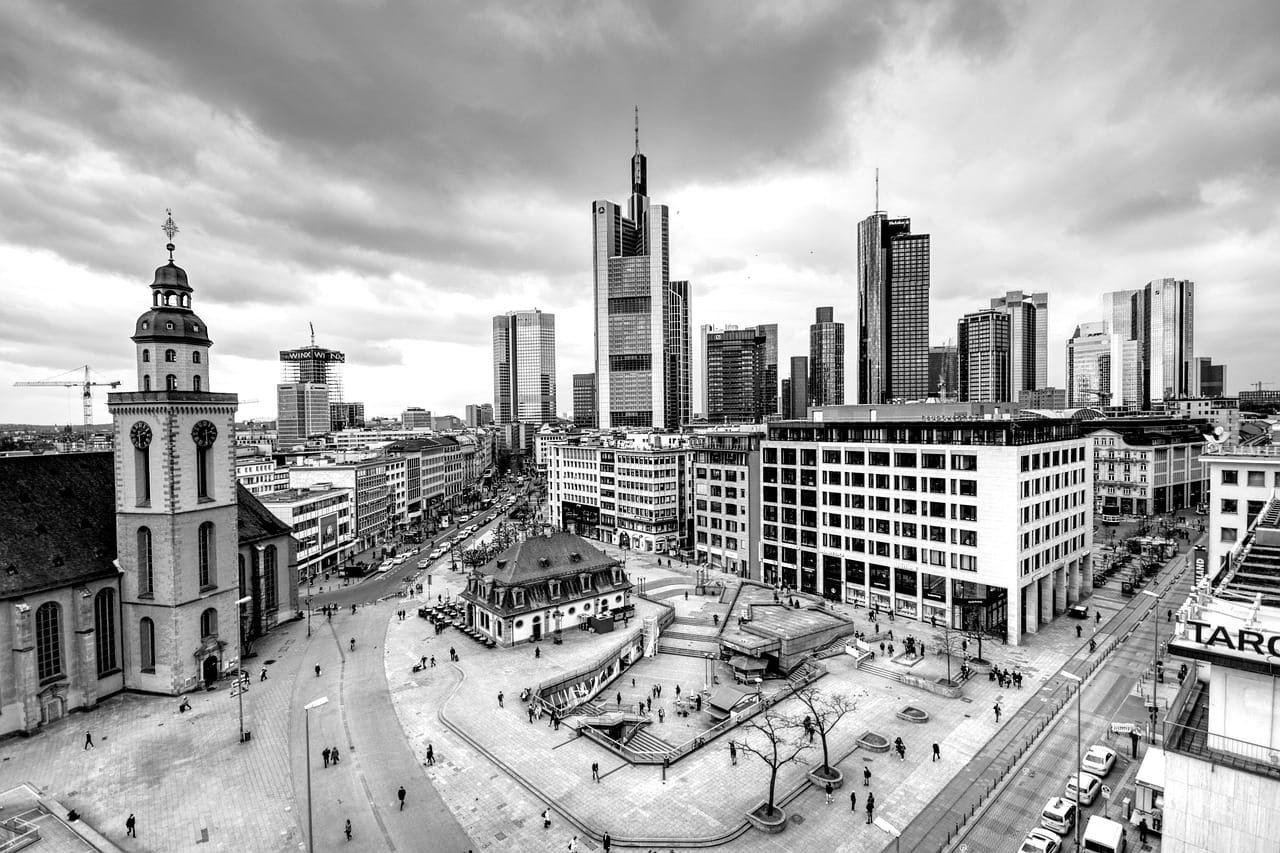 citiyscape, frankfurt, hauptwache, towers, town, sky, nature, germany, building, center, architecture, skyline, finance, gray sky, gray building, gray finance