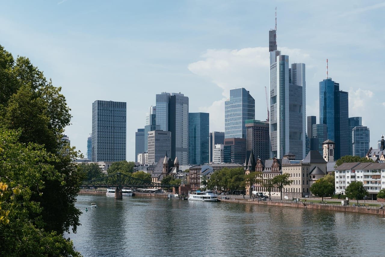 frankfurt, nature, skyline, germany, city, architecture, finance, skyscrapers, main, river, cityscape, sky, water, modern, building, urban, bridge, houses, blue finance