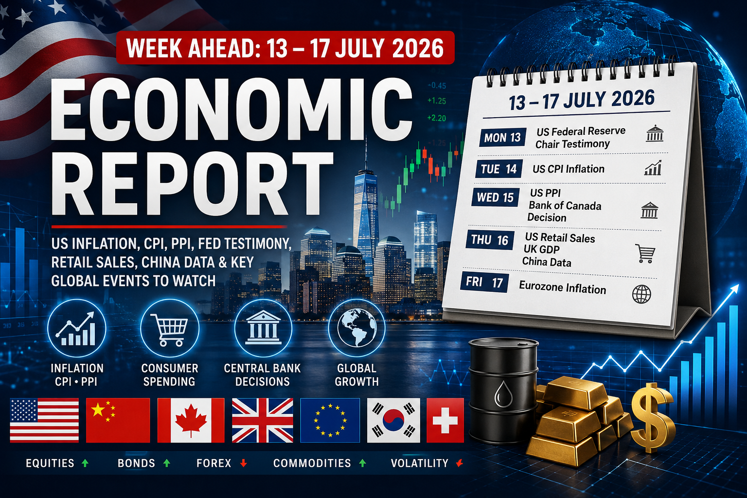 Economic Report for 13–17 July 2026 covering US Inflation, CPI, PPI, Federal Reserve testimony, Retail Sales, China activity data and the week's key economic events likely to influence global financial markets.