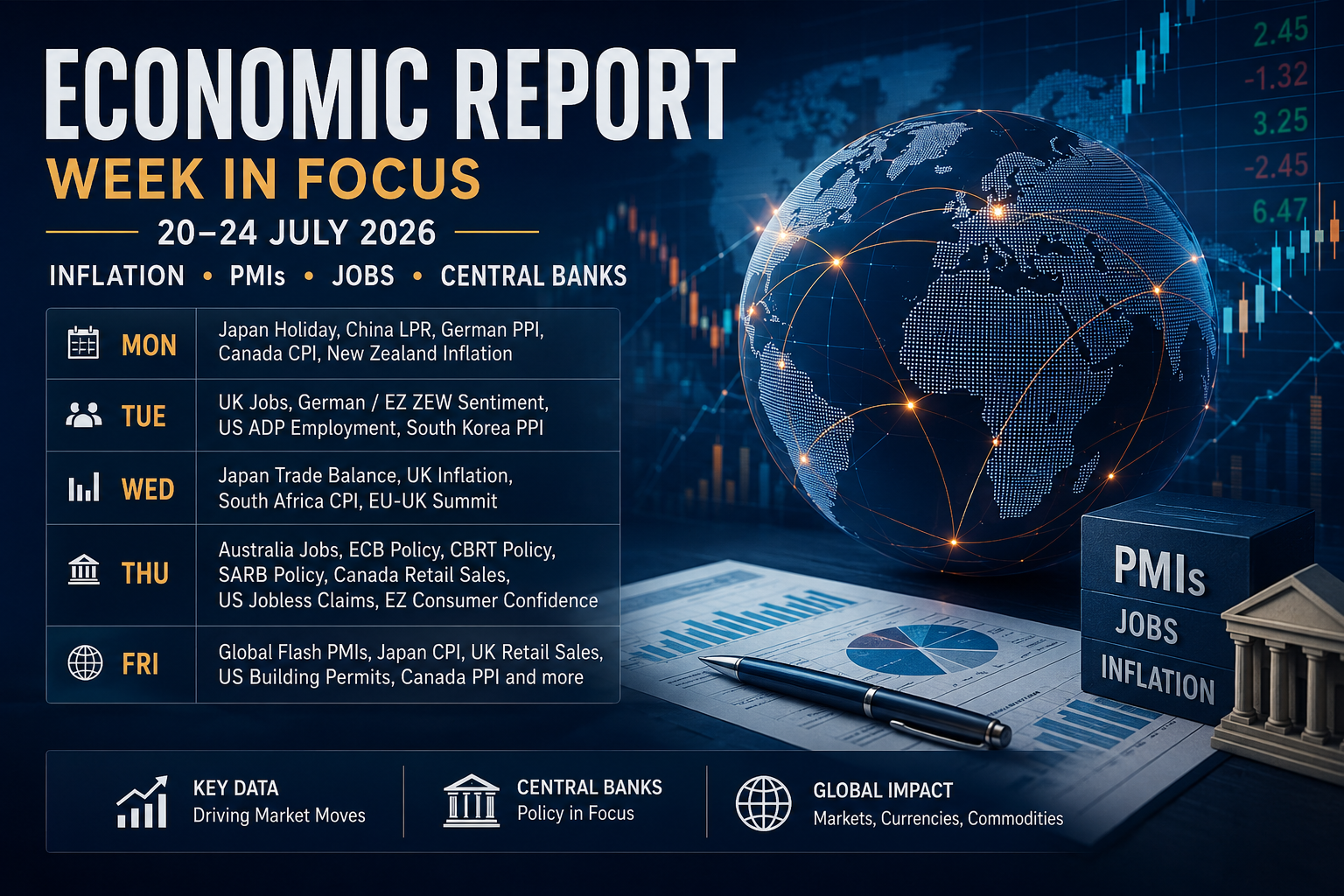 Economic Report for 20–24 July 2026 highlighting the week's key macroeconomic events, including inflation releases, employment data, Flash PMIs, ECB policy, and major central bank decisions expected to influence global financial markets.