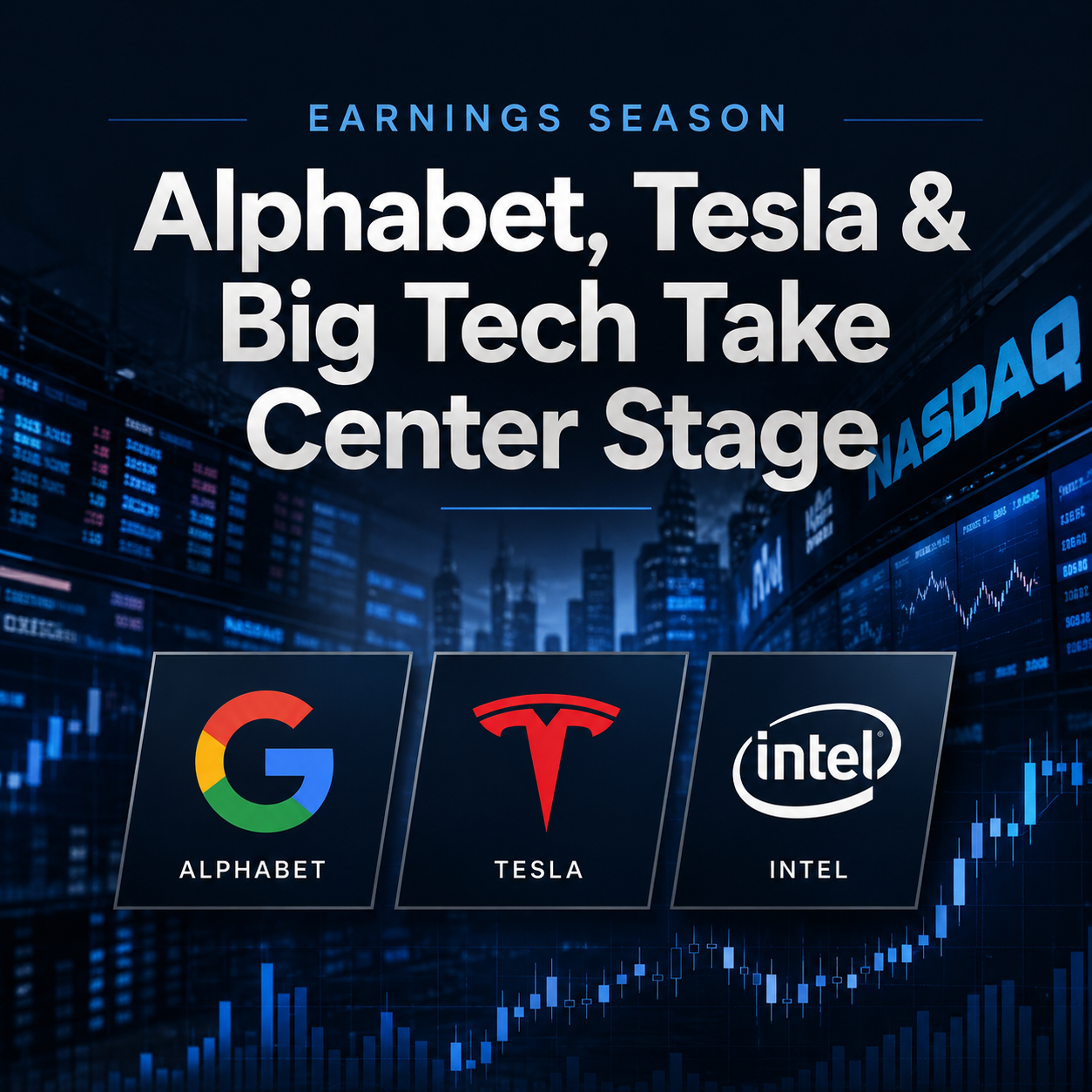 A Bloomberg-style featured image highlighting Alphabet, Tesla, and Intel as investors prepare for one of the busiest weeks of Big Tech earnings season.