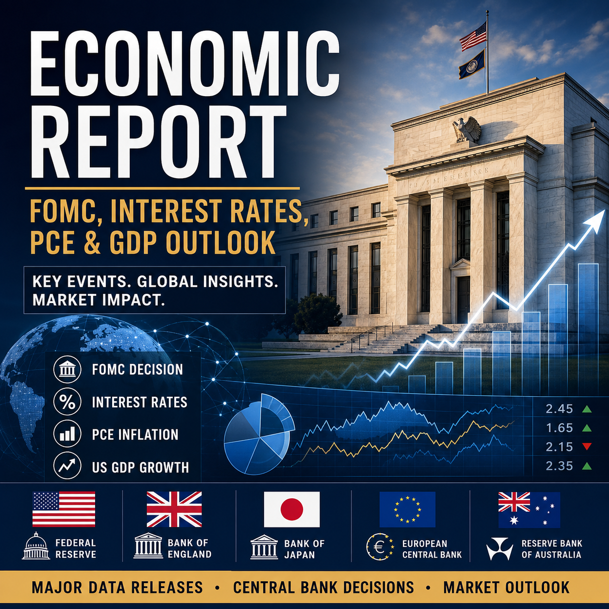 Economic Report highlighting the week's most important macroeconomic events, including the FOMC decision, interest rates, PCE inflation, US GDP, and major global central bank meetings shaping financial markets.