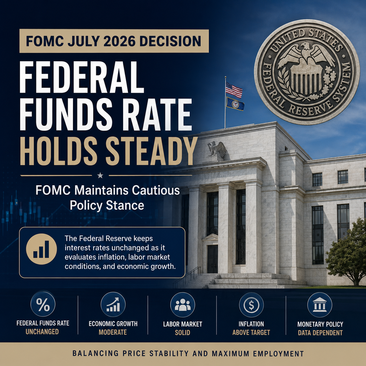 Illustration highlighting the Federal Reserve's July 2026 FOMC decision to leave the Federal Funds Rate unchanged while continuing a data-dependent approach to monetary policy.