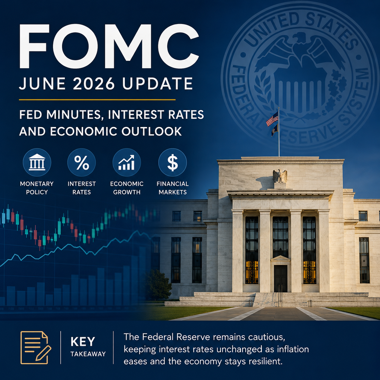The June 2026 FOMC meeting maintained interest rates while emphasizing a cautious, data-dependent approach to monetary policy. The latest FED Minutes highlight inflation, economic resilience, and the outlook for future Federal Reserve decisions.