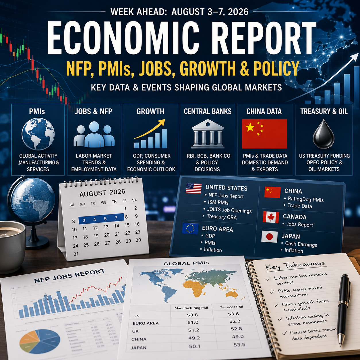 Economic Report: NFP, PMIs, Jobs, Growth and key global market events for August 3–7, 2026.