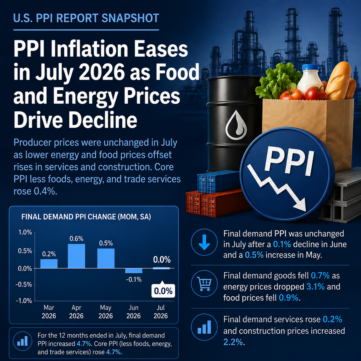 PPI remained unchanged as lower food and energy prices offset higher services and construction costs.