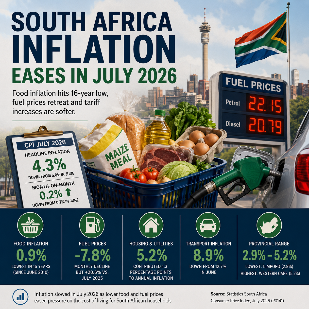 South Africa inflation eased to 4.3% in July 2026, supported by lower food inflation and declining fuel prices, according to Statistics South Africa.
