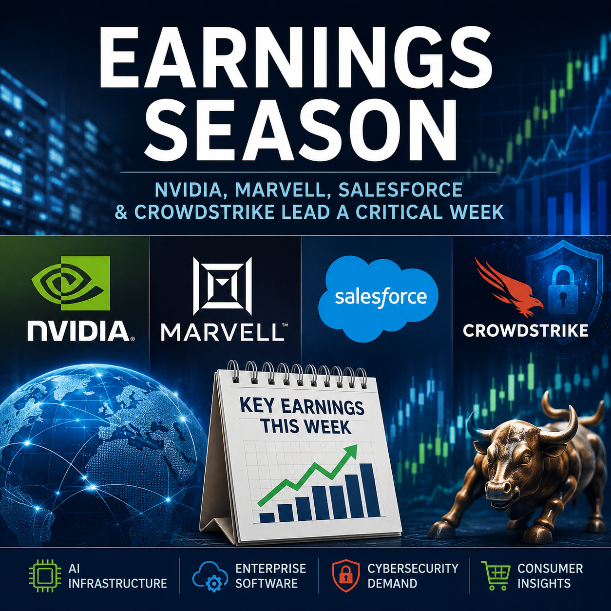 Earnings Season puts Nvidia, Marvell Technology, Salesforce and CrowdStrike in focus as investors assess AI, software and cybersecurity growth.