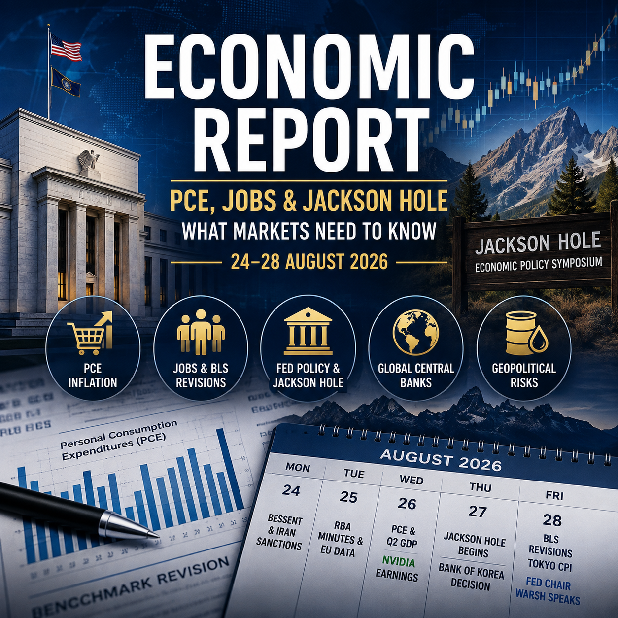 Economic Report for 24–28 August 2026: PCE inflation, BLS revisions, Jackson Hole, central banks and key market events.