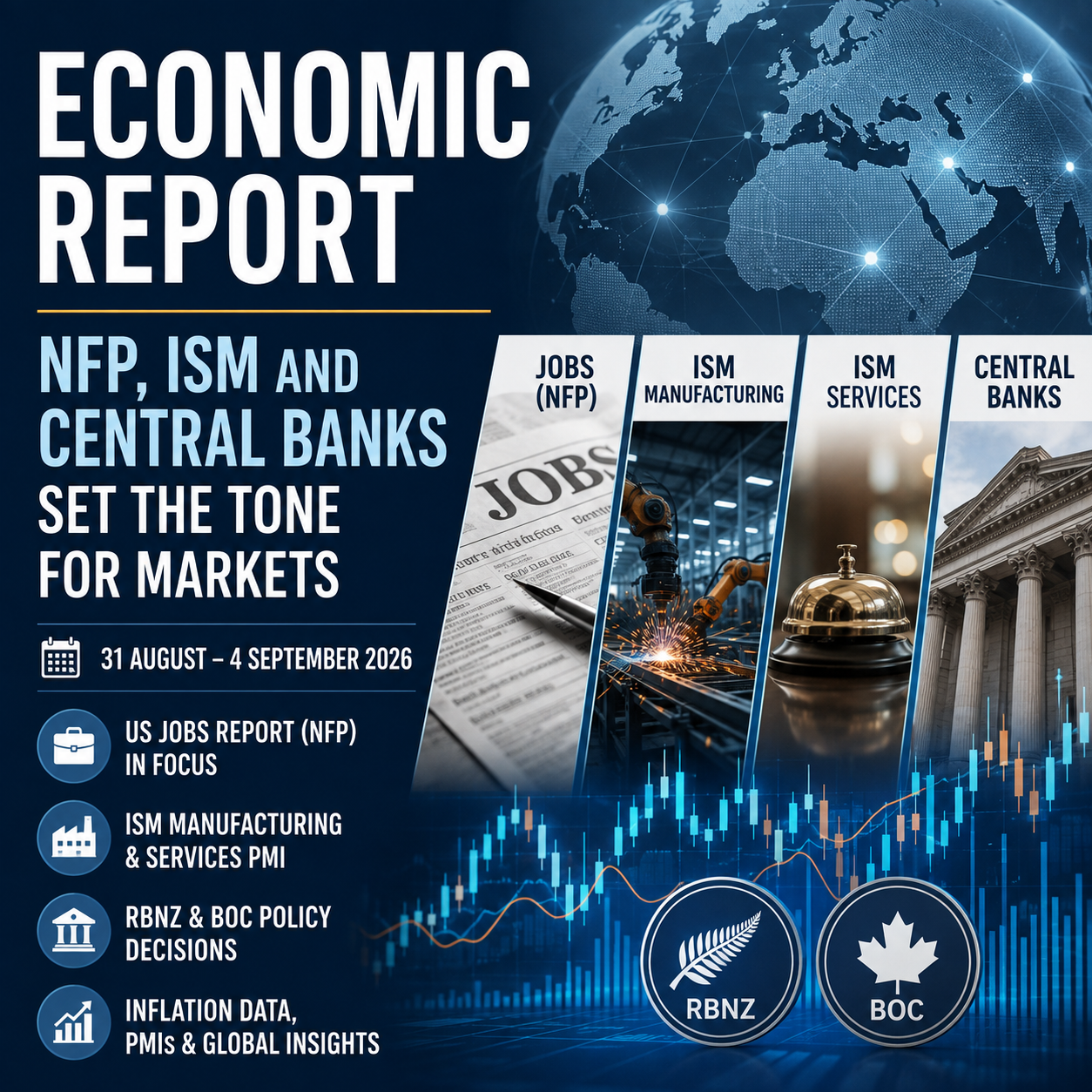 Economic Report for August 31–September 4, 2026, focusing on NFP, ISM Manufacturing, ISM Services, inflation and central bank decisions.