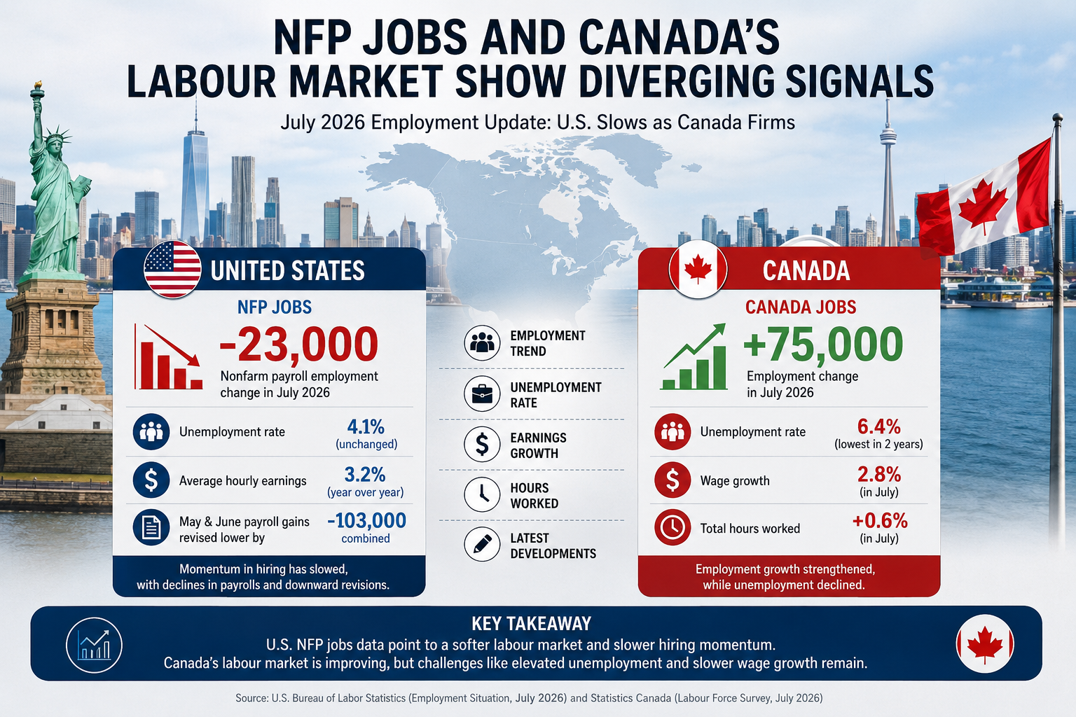 U.S. NFP Jobs weakened in July while Canada’s labour market strengthened, highlighting diverging employment trends across North America.