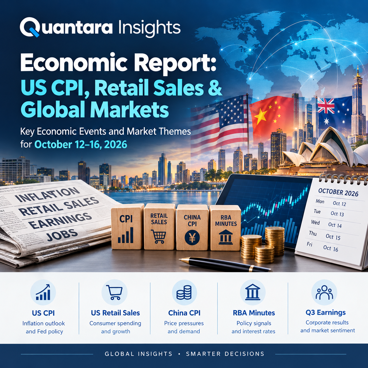 Quantara Insights examines the key economic events shaping global markets for October 12–16, 2026, including US inflation, retail sales, China CPI, Reserve Bank of Australia minutes, and Q3 corporate earnings.
