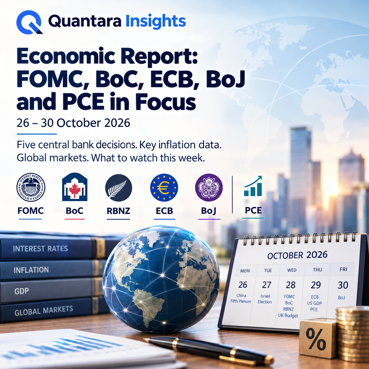 Quantara Insights Economic Report for October 26–30, 2026, highlighting key central bank decisions, US PCE inflation data, GDP growth, interest rates, and global market developments.