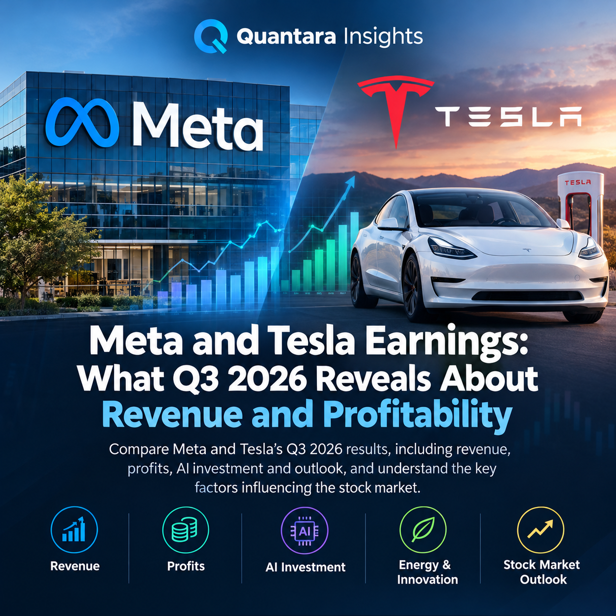 Quantara Insights compares Meta and Tesla’s Q3 2026 earnings, exploring revenue, profitability, AI investment, energy innovation, and key factors shaping the stock market outlook.
