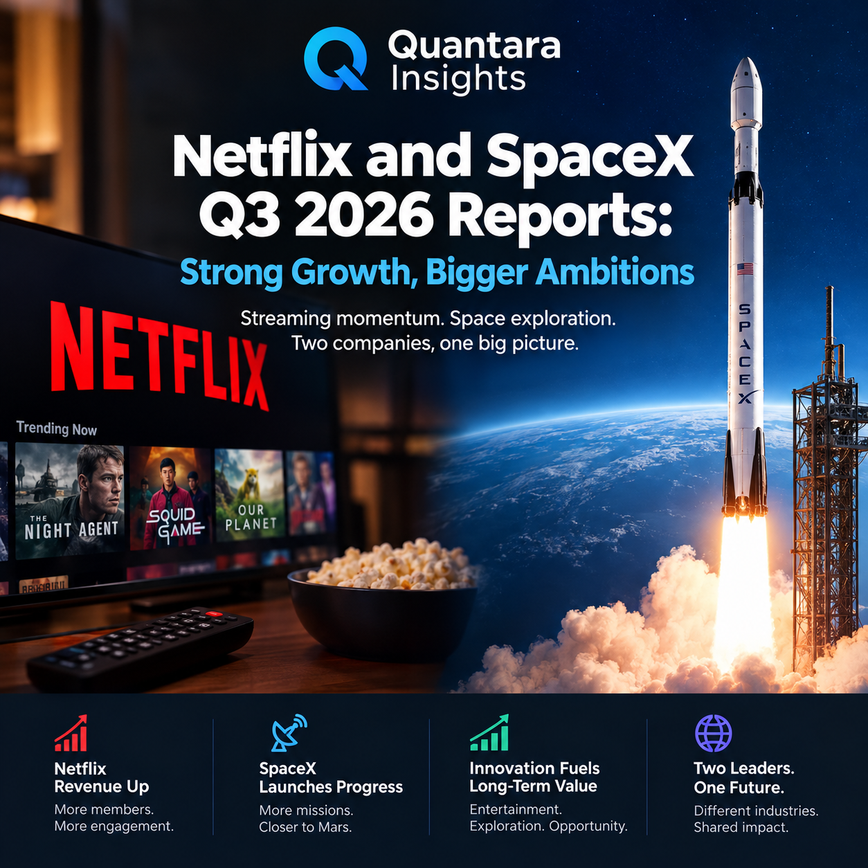 Quantara Insights examines Netflix and SpaceX’s Q3 2026 financial results, highlighting revenue growth, profitability, innovation, and future business opportunities.