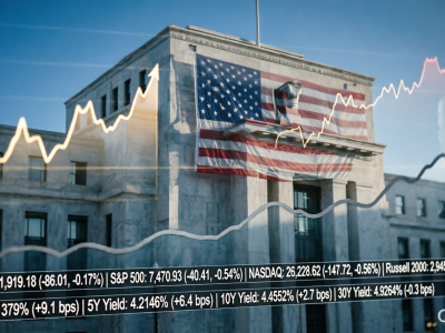 Federal Reserve building with American flag overlay displaying U.S. stock market indices (Dow Jones, S&P 500, NASDAQ, Russell 2000) and Treasury yield curves (2Y, 5Y, 10Y, 30Y) with market performance data and analytical charts