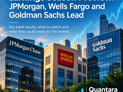 Earnings Season preview featuring JPMorgan Chase, Wells Fargo and Goldman Sachs bank buildings with Quantara Insights branding.