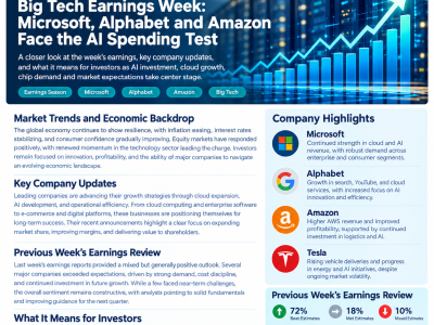 Quantara Insights infographic covering Big Tech earnings season, Microsoft, Alphabet, Amazon, AI spending, market trends, and the previous week’s earnings review.
