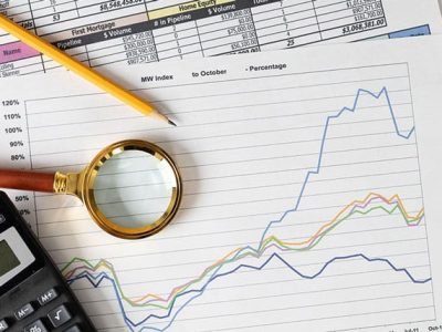 pen, magnifying glass and a trendline chart