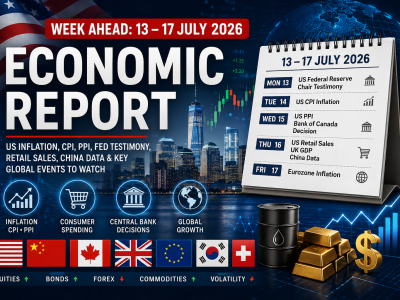 Economic Report infographic highlighting the week of 13–17 July 2026 featuring US Inflation, CPI, PPI, Federal Reserve Chair testimony, Retail Sales, China economic data and major global central bank events.