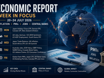 Economic Report infographic showing the global economic calendar for 20–24 July 2026 featuring inflation reports, Flash PMIs, jobs data, ECB policy meeting and major central bank events.