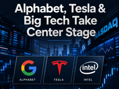 Earnings Season featured image showing Alphabet, Tesla, and Intel against a Wall Street trading screen with financial charts, highlighting the week's major Big Tech earnings reports.