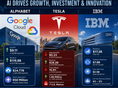 Earnings Season 2026 infographic highlighting Alphabet, Tesla and IBM earnings with AI, cloud growth, revenue, profit and Big Tech financial performance.