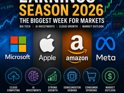 Earnings Season 2026 preview featuring Microsoft, Apple, Amazon and Meta as investors monitor Big Tech earnings, AI investment, cloud growth and market outlook.
