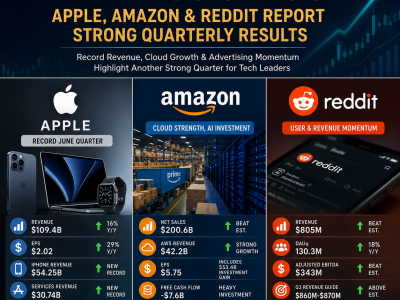 Earnings Season infographic highlighting Apple, Amazon and Reddit quarterly earnings results, featuring record iPhone revenue, AWS cloud growth, Reddit advertising momentum and key financial metrics.