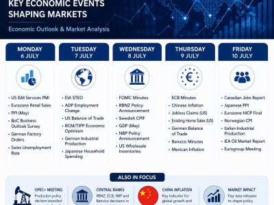 Economic Report infographic highlighting the week's key market events including FOMC Minutes, US ISM Services PMI, ECB Minutes, OPEC+, Chinese inflation and Canadian jobs data.
