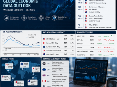 Economic Report dashboard showing PCE inflation trends, central bank policy analysis, economic data releases, market charts and global financial indicators for June 22-26.