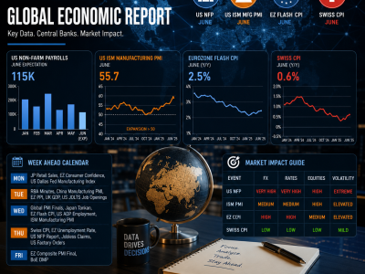 Professional trading desk displaying global economic report dashboards with US NFP, inflation trends, and manufacturing PMI charts across major economies