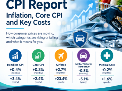 August 2026 CPI report showing Core CPI, airfares, motor vehicle insurance and medical care price changes