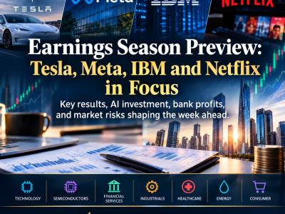 Earnings Season preview featuring Tesla, Meta, IBM and Netflix with stock market charts and Quantara Insights branding.