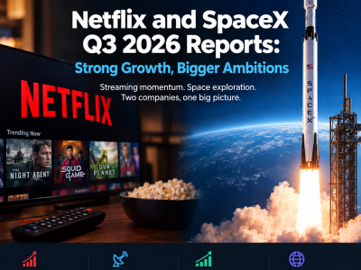 Netflix and SpaceX Q3 2026 earnings report graphic by Quantara Insights highlighting revenue growth, business performance, streaming, and space exploration.
