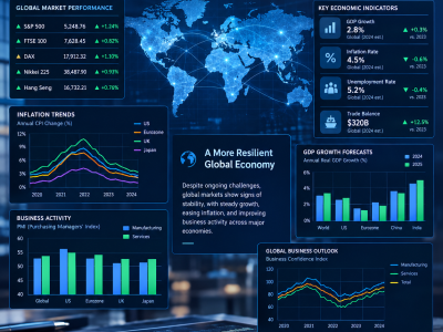 Quantara Insights global economic report dashboard featuring Chinese GDP, Canada inflation, UK Retail Sales and global Flash PMIs.