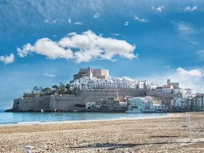 castle, beach, sea, coast, people, nature, clouds, peniscola, spain, holiday, landscape