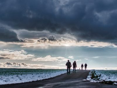 overcast, winter, cloudy day, clouds, landscape, path, nature, people, snow, walking, people, people, people, people, people, walking