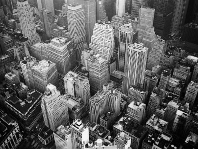 A stunning black and white aerial shot capturing the iconic New York City skyline's intricate architecture.
