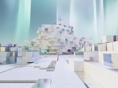 A conceptual abstract 3D-rendered landscape with cubic structures and pastel colors.