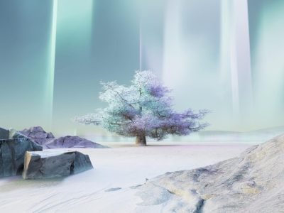 Dreamlike winter scene with aurora and lone frosted tree, surreal and ethereal.