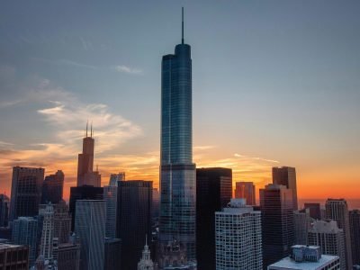Breathtaking view of Chicago's skyline with iconic skyscrapers at sunset, capturing the city's urban architecture.