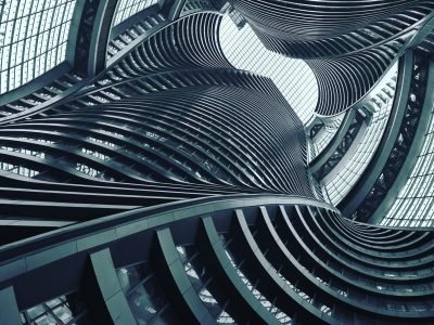 Intricate spiral architecture in Beijing with modern design elements.