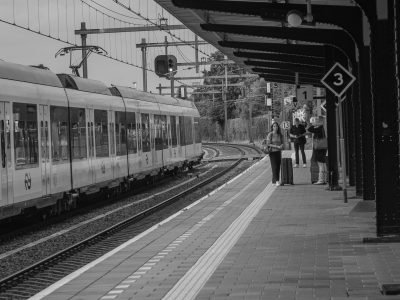 Monochrome scene of a train arriving at Bussum station in the Netherlands.